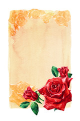 Frame of red roses watercolor isolated on white background.
