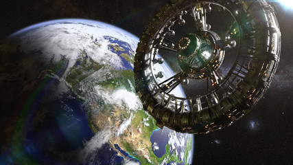 futuristic space station in orbit of planet Earth 