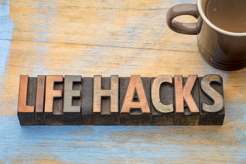 life hacks word abstract in wood type