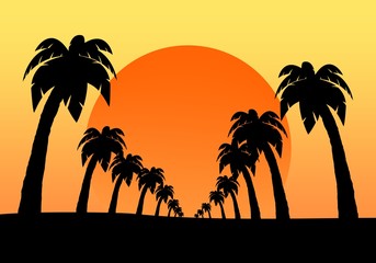 Fototapeta na wymiar Romantic summer desert landscape with orange sunset with waves of sand and contour palm trees in a row with leaves and trunk with orange sun on the horizon 