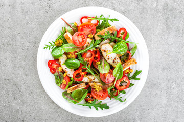 Fresh vegetable salad plate of tomatoes, spinach, pepper, arugula, chard leaves and grilled chicken breast. Fried chicken meat, fillet with salad. Healthy food. Diet dinner or lunch. Salad plate 