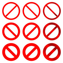 Simple, forbidden signs/icons. Six variations. Red (flat and gradient versions). Isolated on white