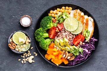 Wall murals meal dishes Buddha bowl dish with chicken fillet, brown rice, avocado, pepper, tomato, broccoli, red cabbage, chickpea, fresh lettuce salad, pine nuts and walnuts. Healthy balanced eating. Top view