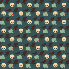 Skulls and crows. Seamless vector pattern. Retro color.