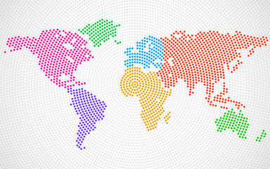 Abstract colorful world map of radial dots. Vector