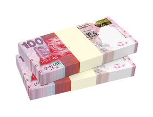 Hong Kong dollar bills stacks isolated on white with clipping path. 3D illustration.