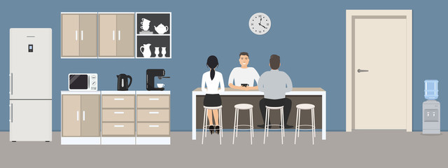 Blue office kitchen. Dining room in the office. Employees are sitting at the table. Coffee break. There are kitchen cabinets, a fridge, a microwave, a kettle and a coffee machine in the image. Vector