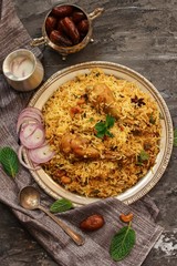 Chicken Kabsa - Homemade Arabian biryani  overhead view
