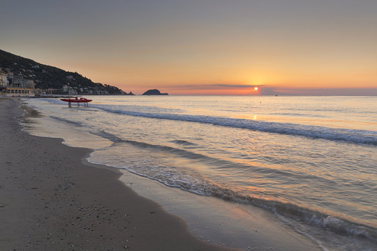 Sunrise on Alassio beach and Gallinara Island, Alassio, Savona province, Liguria, Italy