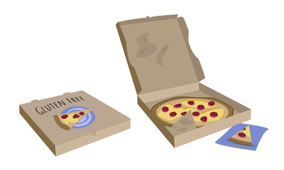 Delivery pizza box with pepperoni slice. Gluten free food. Vector illustration