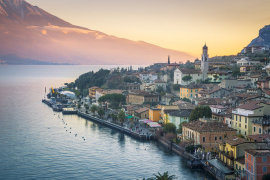 View of Limone sul Garda town during sunset