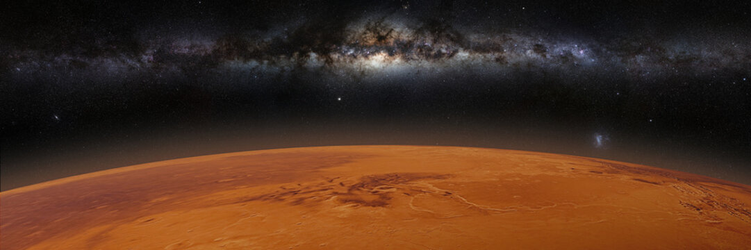 red planet Mars in natural colors with the beautiful Milky Way galaxy 