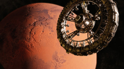 huge space station in orbit of the red planet Mars - obrazy, fototapety, plakaty