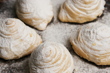 Badambura powdered pastry on Novruz tray. Azerbaijan traditional pastry cookie badambura on rustic table background