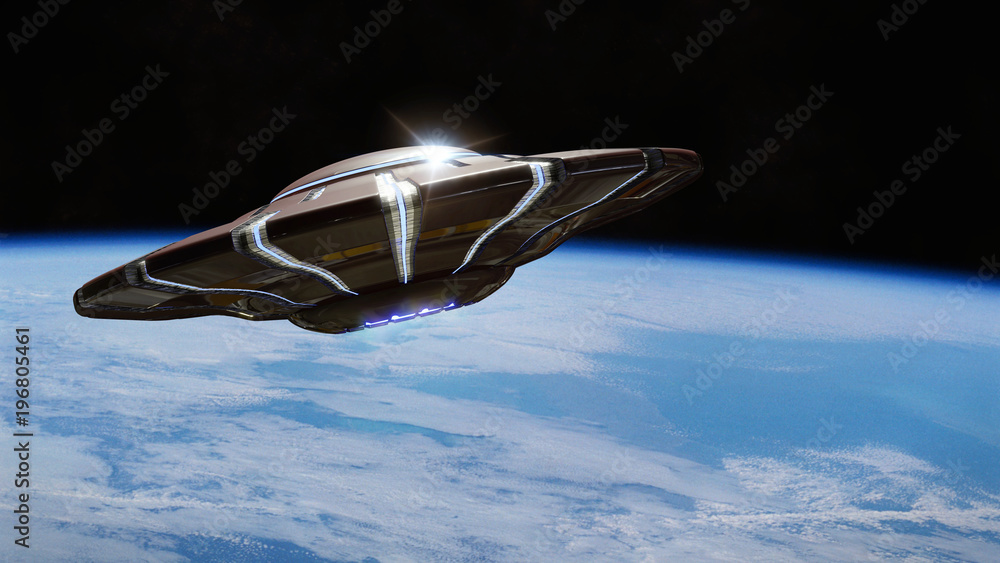 Canvas Prints ufo, alien spaceship in orbit of planet earth, extraterrestrial visitors from outer space in flying 