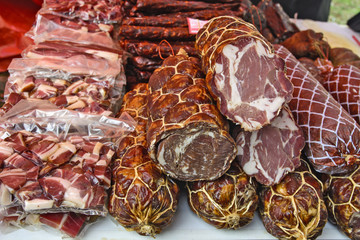 Bacon, ham and sausages on sale
