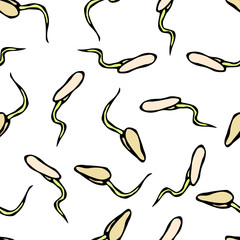 Seamless Endless Vector Illustration of Sprouting Seeds. Seedling Background, Shoot, Plant. Trees, Flowers, Vegetables Cucumber, Zucchini, Pumpkin, Melons Growing. Hand Drawn. Savoyar Doodle Style.