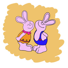 Cartoon doodle, two rabbits are pleading on a white background. Vector illustration.