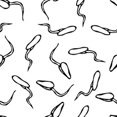 Seamless Endless Vector Illustration of Sprouting Seeds. Seedling Background, Shoot, Plant. Trees, Flowers, Vegetables Cucumber, Zucchini, Pumpkin, Melons Growing. Hand Drawn. Savoyar Doodle Style.