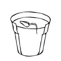 Flower Pot with Soil. Seed, Sprout and Root. Flowerpot for Sprouting Plant. Seedling. Phases of Growth of a Plant. Gardening Hobby Hand Drawn Illustration. Savoyar Doodle Style.