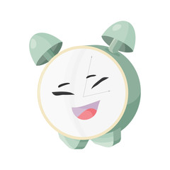 Vector illustration: Cute alarm clock smiling face isolated. Traditional wind-up alarm clock mascot or character. Great as character for nursery print, deadline time icon, wake up or breakfast symbol.