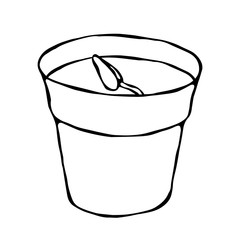 Flower Pot with Soil. Seed, Sprout and Root. Flowerpot for Sprouting Plant. Seedling. Phases of Growth of a Plant. Gardening Hobby Hand Drawn Illustration. Savoyar Doodle Style.