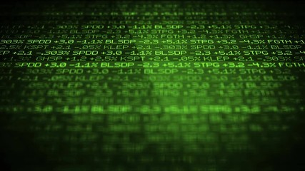 Green Wealth Stock Market Ticker scrolling past skyscraper ALT - wall street concept