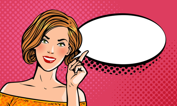 Beautiful girl or young woman with index finger. Pin-up concept. Pop art retro comic style. Cartoon vector illustration