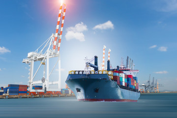 Cargo ship carrying container running export  goods  from  cargo yard port to other ocean concept...