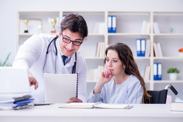 Female patient visiting male doctor for regular check-up in hosp