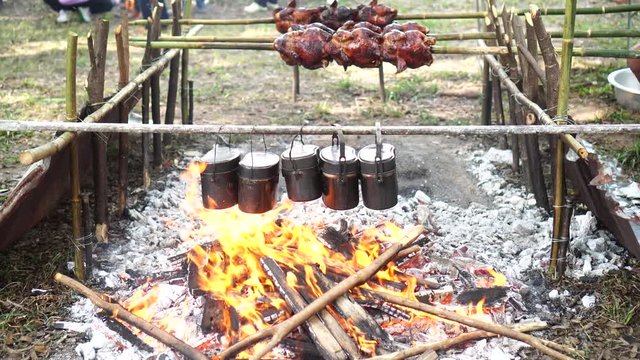 Chicken rotating on a skewer.
