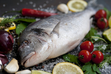 raw fish  Dorado  with spices and vegetables on slate plate
