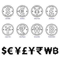 Set of currency symbol on transparent background
