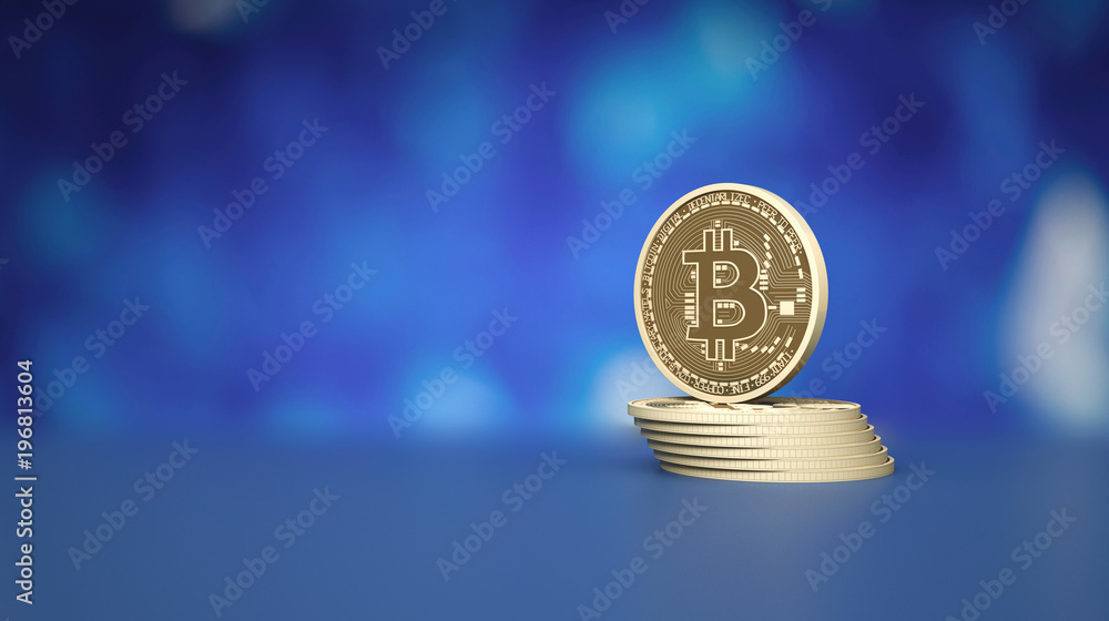 Poster stack of bitcoins on blue background to illustrate blockchain and cyber currency
