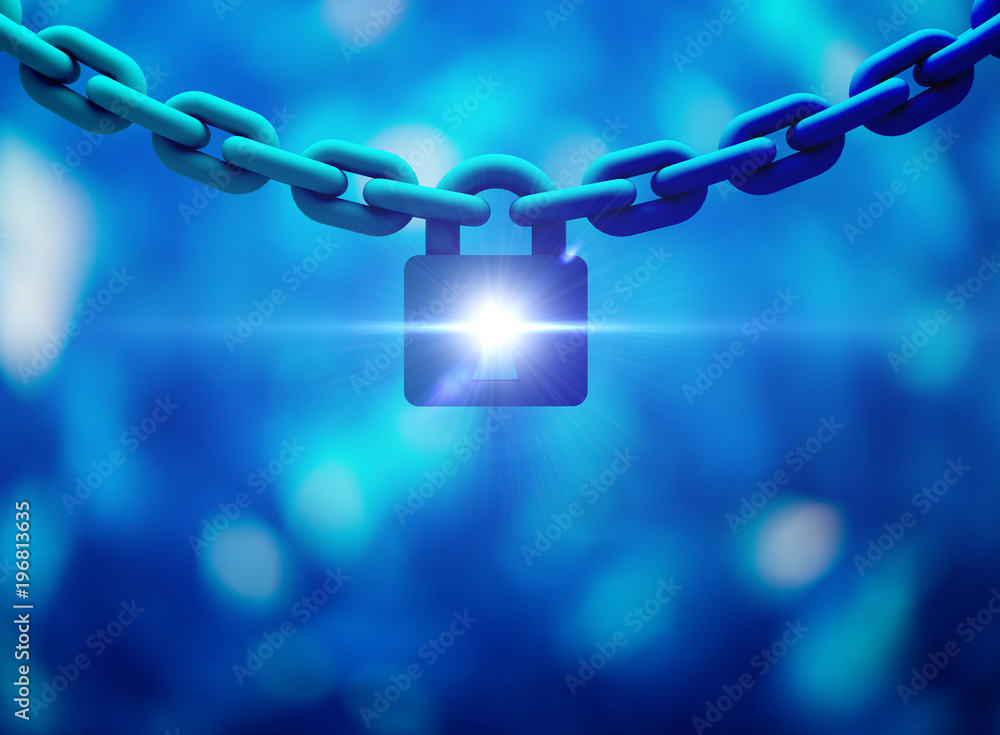 Poster lock, data security and computer server network safety with a protection symbol of a lock with a key