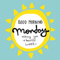 Good morning Monday wishing you a beautiful week word and yellow sun vector illustration