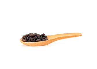 coffee bean in wood spoon isolated on white background