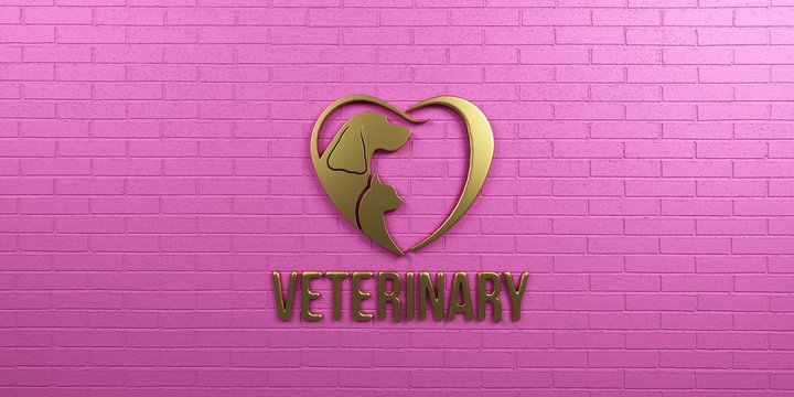 Veterinary Dog and Cat Gold Logo on Pink Wall Design. 3D Render Illustration