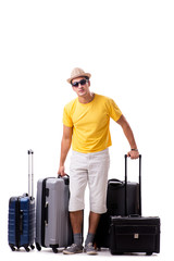 Fototapeta na wymiar Happy young man going on summer vacation isolated on white