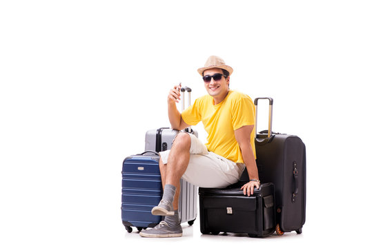 Happy young man going on summer vacation isolated on white