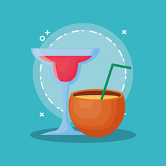 Summer time design with martini cocktail and coconut cocktail over blue background, colorful design vector illustration