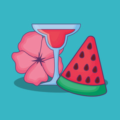 Summer time design with cocktail and watermelon over blue  background, colorful design vector illustration