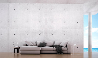 The 3d rendering interior design of luxury modern living room and concrere wall texture pattern background and sea view