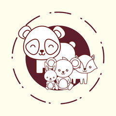 circular frame with cute panda bear and animals over white background, line design vector illustration