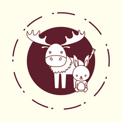 circular frame with cute rabbit and elk over white background, line design vector illustration