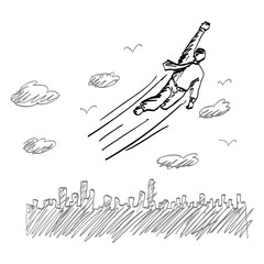 metaphor businessman flying like a superhero over the city vector illustration sketch hand drawn with black lines isolated on white background