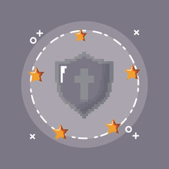 Video game shield with stars around icon over gray background, colorful pixelated design vector illustration