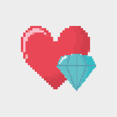Video Game heart and diamond icon over white background, pixelated colorful design vector illustration