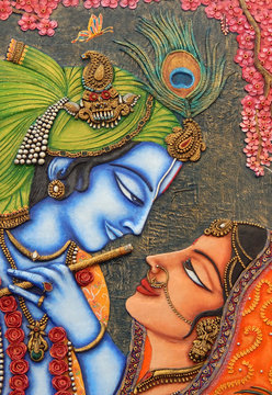 Closeup of Hindu God Sri Krishna and Radha art as in mythology in a temple 