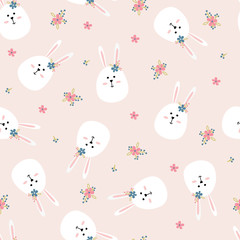 Easter seamless pattern with cute rabbits and flowers